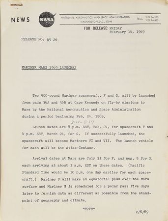 Lot #6730 Jack King's Mariner Mars Press Release and ID Badge - Image 1