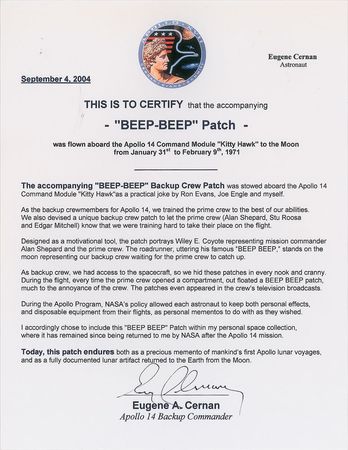 Lot #6496 Gene Cernan's Apollo 14 Flown 'Beep-Beep' Backup Crew Patch - Image 3
