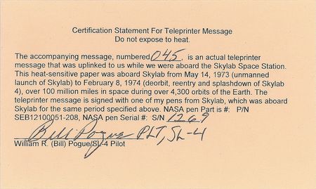 Lot #6618 Bill Pogue Signed Skylab Teleprinter Message - Image 2