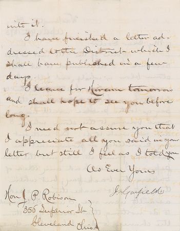 Lot #277 James A. Garfield: On his response to the Credit Mobilier scandal: 