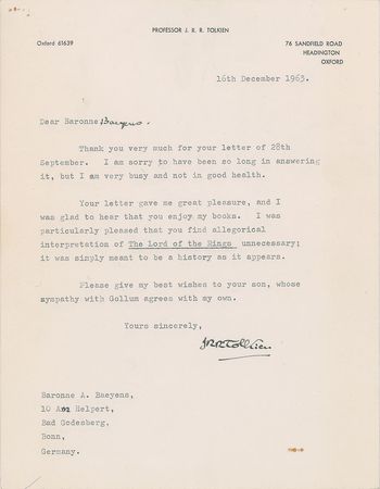 Lot #107 J. R. R. Tolkien: On allegories, critics, and characters: 
