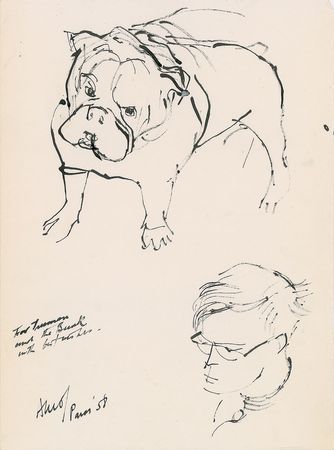 Lot #17 Truman Capote: Peter Arno: Sketches of Capote and his bulldog, presented to the author by a New Yorker cartoonist - Image 1