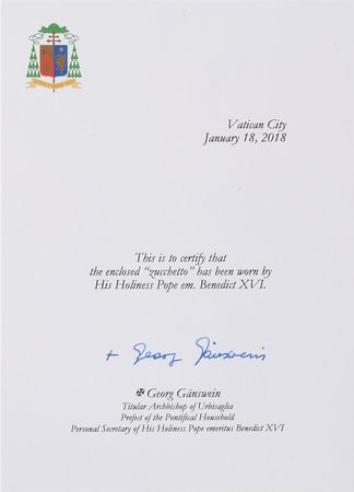 Lot #395 Pope Benedict XVI: Pope Benedict XVI's personally-worn zucchetto - Image 2