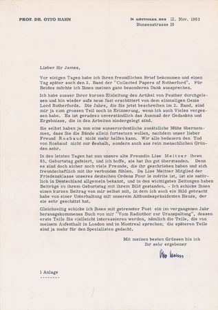 Lot #385 Otto Hahn: Letters from Otto Hahn, including one to fellow Nobel laureate James Chadwick - Image 1