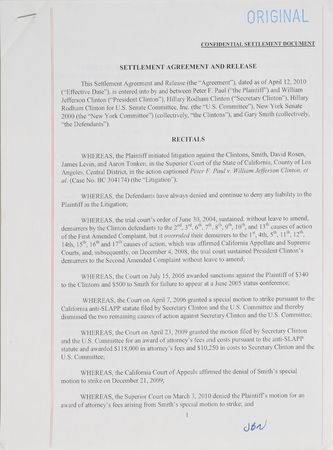 Lot #307 Bill and Hillary Clinton: A Clinton controversy—Bill and Hillary settle a campaign-related lawsuit - Image 1