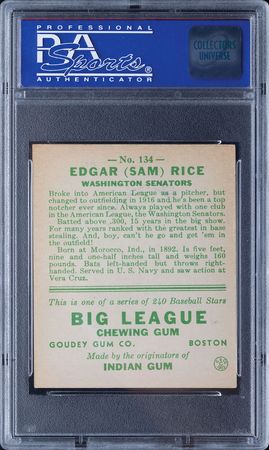 Lot #9086  1933 Goudey #134 Sam Rice PSA EX-MT 6 - Image 2