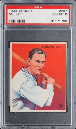 Lot #9091  1933 Goudey #207 Mel Ott PSA EX-MT 6 - Image 1
