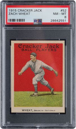Lot #9070  1915 Cracker Jack #52 Zach Wheat PSA NM-MT 8 - Image 1