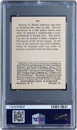 Lot #9070  1915 Cracker Jack #52 Zach Wheat PSA NM-MT 8 - Image 2