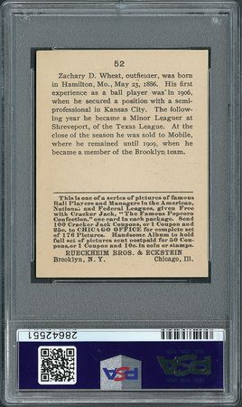Lot #9070  1915 Cracker Jack #52 Zach Wheat PSA NM-MT 8 - Image 4