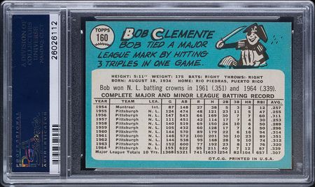 Lot #9147  1965 Topps #160 Roberto Clemente PSA NM-MT 8 - Image 2