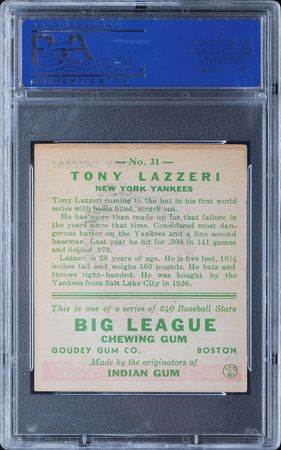 Lot #9097  1933 Goudey #31 Tony Lazzeri PSA EX 5 - Image 2
