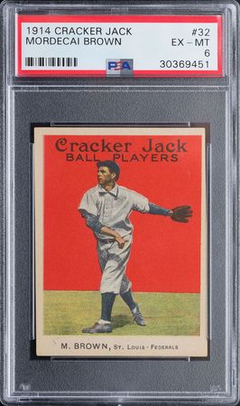 Lot #9057  1914 Cracker Jack #32 Mordecai Brown PSA EX-MT 6 - Image 1