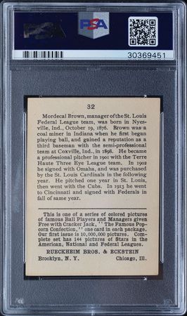 Lot #9057  1914 Cracker Jack #32 Mordecai Brown PSA EX-MT 6 - Image 2