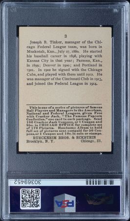 Lot #9068  1915 Cracker Jack #3 Joe Tinker PSA EX 5 - Image 2