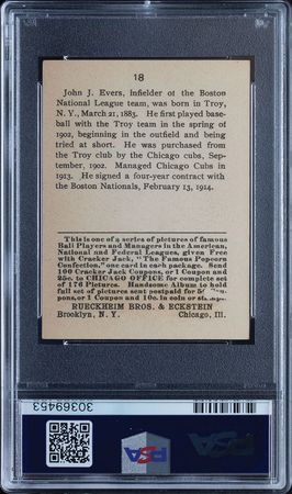 Lot #9065  1915 Cracker Jack #18 Johnny Evers PSA GOOD 2 - Image 2