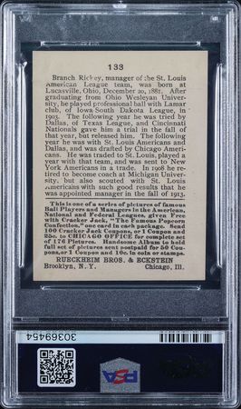Lot #9061  1915 Cracker Jack #133 Branch Rickey PSA GOOD+ 2.5 - Image 2