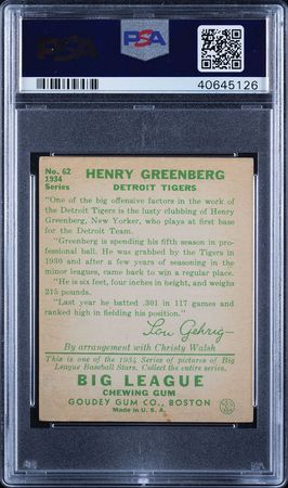 Lot #9106  1934 Goudey #62 Hank Greenberg  PSA VG 3 - Image 2
