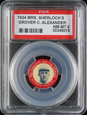 Lot #9081  1924 Mrs. Sherlock's Bread Pins Grover C. Alexander PSA NM-MT 8 - Image 1