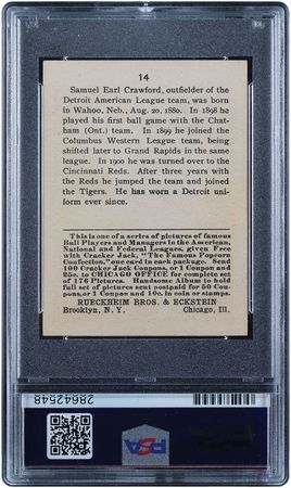 Lot #9062  1915 Cracker Jack #14 Samuel Crawford PSA NM-MT 8 - Image 2