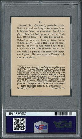 Lot #9062  1915 Cracker Jack #14 Samuel Crawford PSA NM-MT 8 - Image 3
