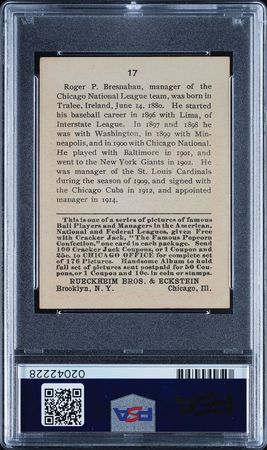 Lot #9064  1915 Cracker Jack #17 Roger Bresnahan PSA NM 7 - Image 2