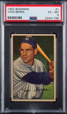 Lot #9115  1952 Bowman #1 Yogi Berra PSA EX-MT 6 - Image 1