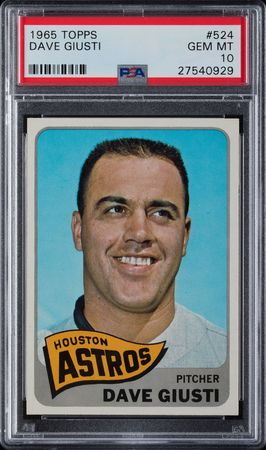 Lot #9143  1965 Topps #524 Dave Giusti PSA GEM MINT 10 - Image 1