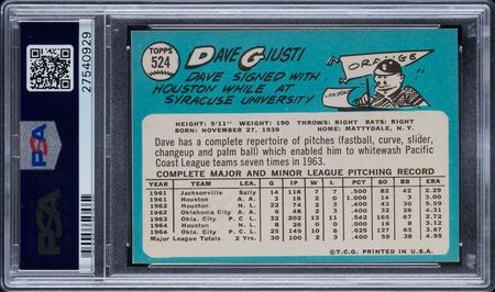 Lot #9143  1965 Topps #524 Dave Giusti PSA GEM MINT 10 - Image 2