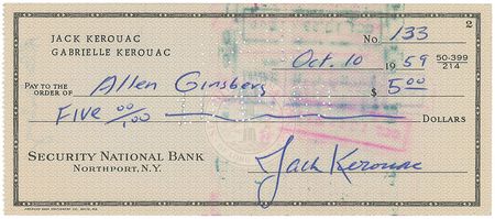 Lot #589 Jack Kerouac and Allen Ginsberg: Beat Generation royalty?a check from Kerouac to Ginsberg - Image 1