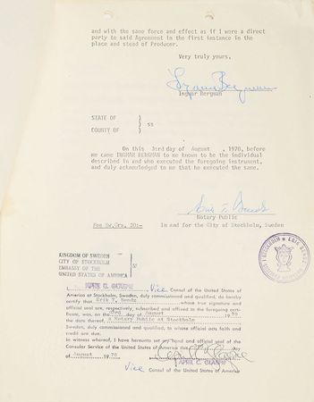 Lot #874 Ingmar Bergman Signed Document - Image 2