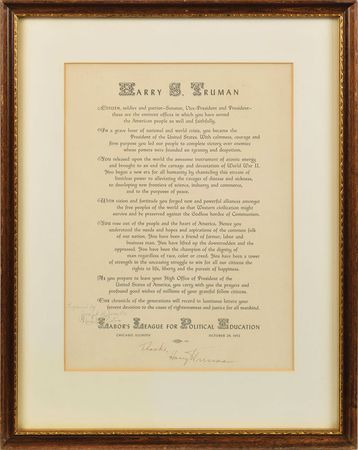Lot #277 Harry S. Truman: Presentation plaque signed by Truman as he prepares to leave the White House - Image 1