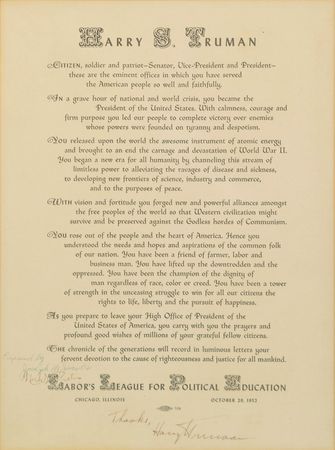 Lot #277 Harry S. Truman: Presentation plaque signed by Truman as he prepares to leave the White House - Image 2