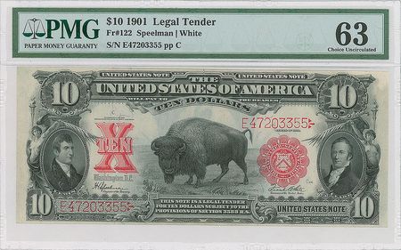Lot #352 Fr. 122 $10 1901 Legal Tender Bison Note: Choice uncirculated example of the 1901 Lewis and Clark 'Bison' note - Image 1