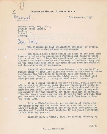 Lot #580 Ian Fleming: Written to a spy under his Kemsley cover - Image 1