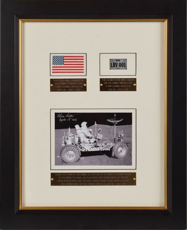 Lot #116 Dave Scott's Apollo 15 Surface-Flown Flag and License Plate Display: Museum-quality display featuring a flag and license plate carried on the lunar surface - Image 1