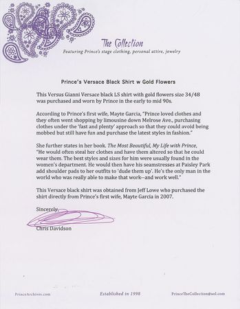 Lot #2744  Prince's Personally-Worn Black Versus Versace Shirt - Image 2