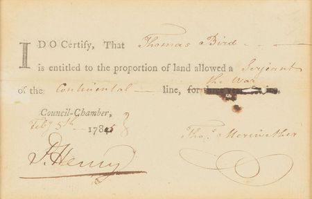 Lot #98 Patrick Henry: Patrick Henry awards a land bounty to a 