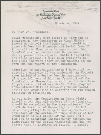 Lot #287 Eleanor Roosevelt: Eleanor writes to Truman regarding the drafting of an 
