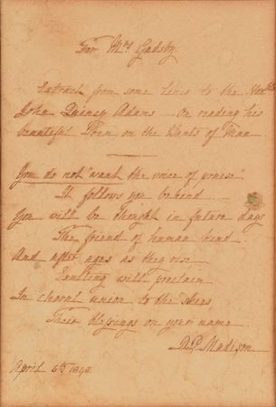Lot #198 Dolley Madison: Dolley quotes a poetic extract of 'The Wants of Man' by John Quincy Adams - Image 1