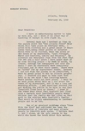Lot #625 Margaret Mitchell: Mitchell refutes the claims of a Gone With the Wind tour—