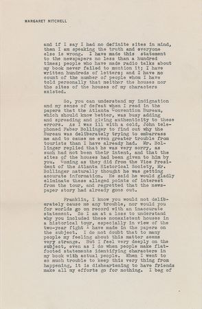 Lot #625 Margaret Mitchell: Mitchell refutes the claims of a Gone With the Wind tour—