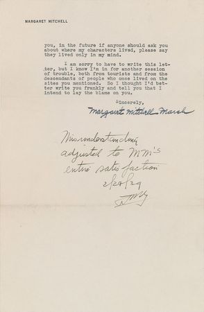 Lot #625 Margaret Mitchell: Mitchell refutes the claims of a Gone With the Wind tour—