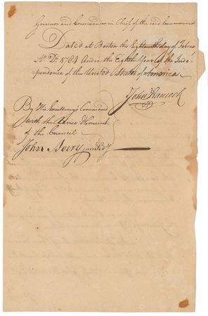 Lot #11 John Hancock: Governor Hancock directs Barnstable officials to administer 