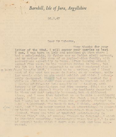 Lot #626 George Orwell: Immersed in his work on Nineteen Eighty-Four, Orwell offers an extraordinary autobiographical account: 