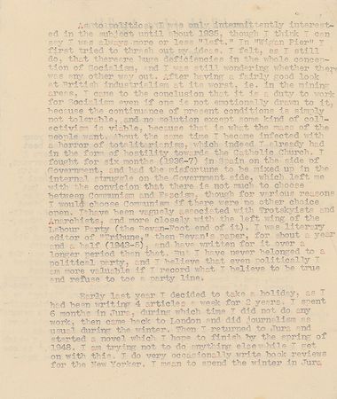 Lot #626 George Orwell: Immersed in his work on Nineteen Eighty-Four, Orwell offers an extraordinary autobiographical account: 