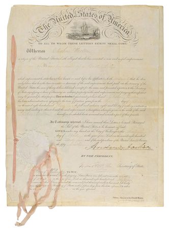 Lot #13 Andrew Jackson: Presidential patent for an
