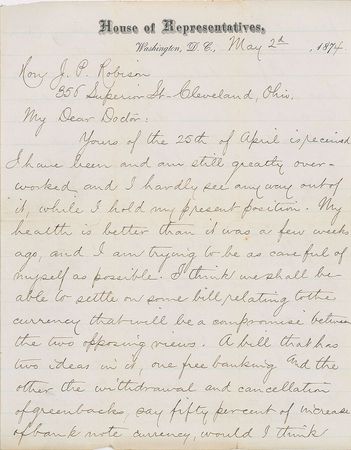 Lot #43 James A. Garfield: Important 1874 letter on banking, inflation, and currency: 