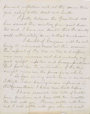 Lot #43 James A. Garfield: Important 1874 letter on banking, inflation, and currency: 
