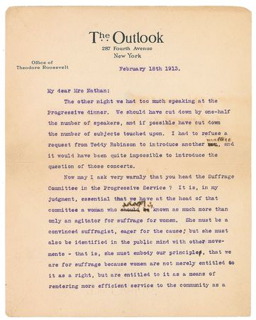 Lot #51 Theodore Roosevelt: Roosevelt to the prospective head of the Suffrage Committee in the Progressive Service—
